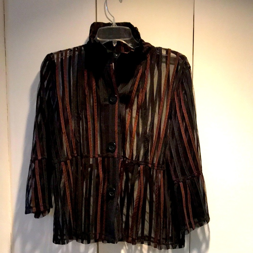 Weavz Black and Brown Striped Top with Stand up Pleated Collar. Sheer.